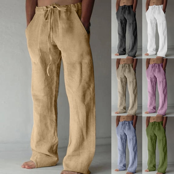Txeol Men's Cotton Linen Pants Elastic Waist Drawstring Casual Trouser Lightweight Solid Color Lounge Pants with Pockets,White,L