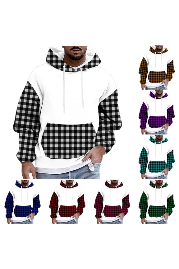 Men's Fashion Hoodies & Sweatshirts Plaid Patchwork Raglan Sleeve Hooded Pullover Tops with Checkered Pockets Hot Pink XXXXL
