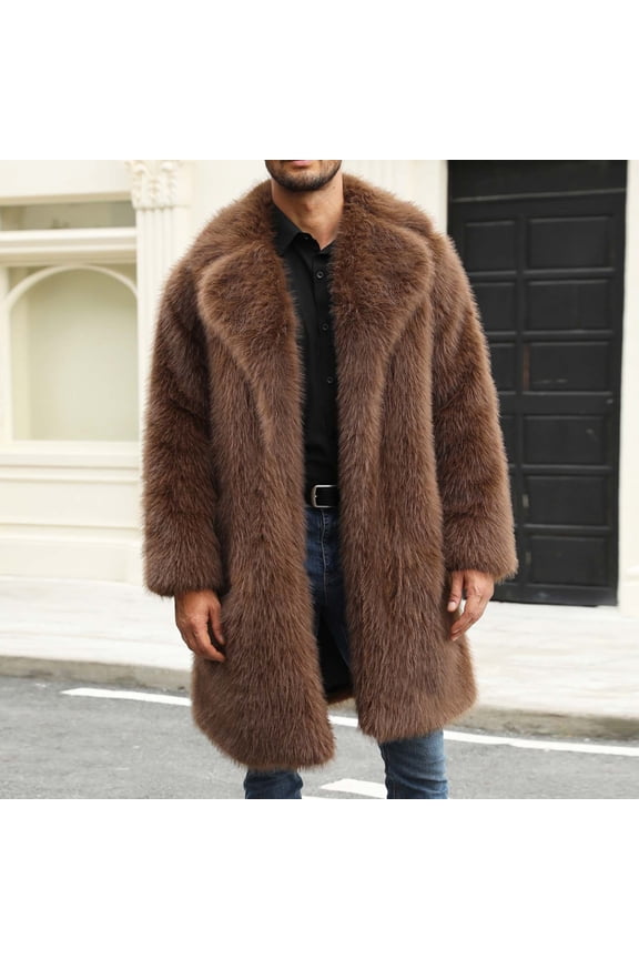 Men's Faux Fur Coat Open Front Long Cardigans Loose Casual Lapel Collar Fuffy Winter Jacket Warm Furry Overcoat Outwear 2025,Brown,L