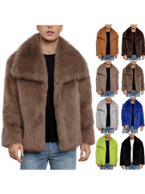 Men's Faux Fur Winter Coats Turn Down Collar Open Front Cardigans Jacket Long Sleeve Fluffy Warm Overcoat 2025,Coffee,M