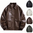 thumbnail image 1 of Txeol Men's Faux Leather Winter Coats Vintage Lapel Collar Jacket Long Sleeve Parka Overcoat Outerwear,Beige,XL, 1 of 5