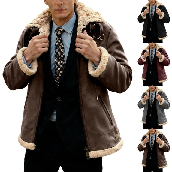 Txeol Men's Faux Shearling Jacket Warm Sherpa Lined Leather Coat Winter Thick Outdoor Hooded Jackets with Pockets,Red,XXXXXL