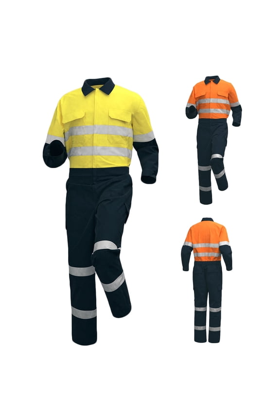Men's High Visibility Work Uniform Multi Pocket Zipper Front High Visibility Overalls Mechanics Reflective Coveralls Orange,M