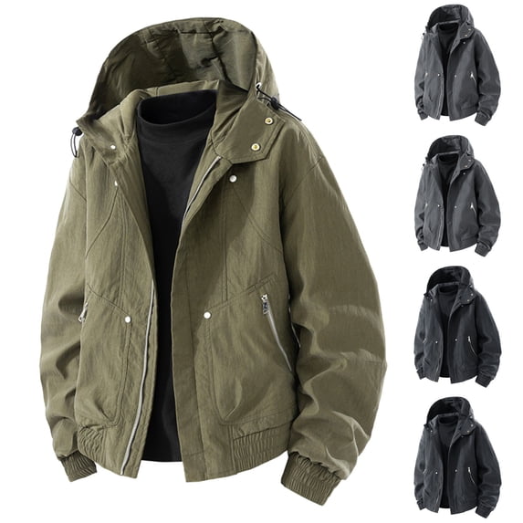 Txeol Men's Hooded Cargo Coat Lightweight Zipper Long Sleeve Jackets Outdoor Hiking Sport Outerwear Workwear,Army Green,XXL