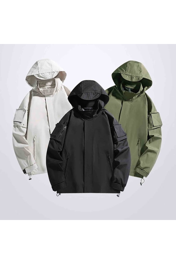 Men's Hooded Jacket Outdoor Water-Resistant Wind-Resistant Rain Coat Loose Fit Casual Long Sleeve Outdoor Coat with Pockets,Black,3XL