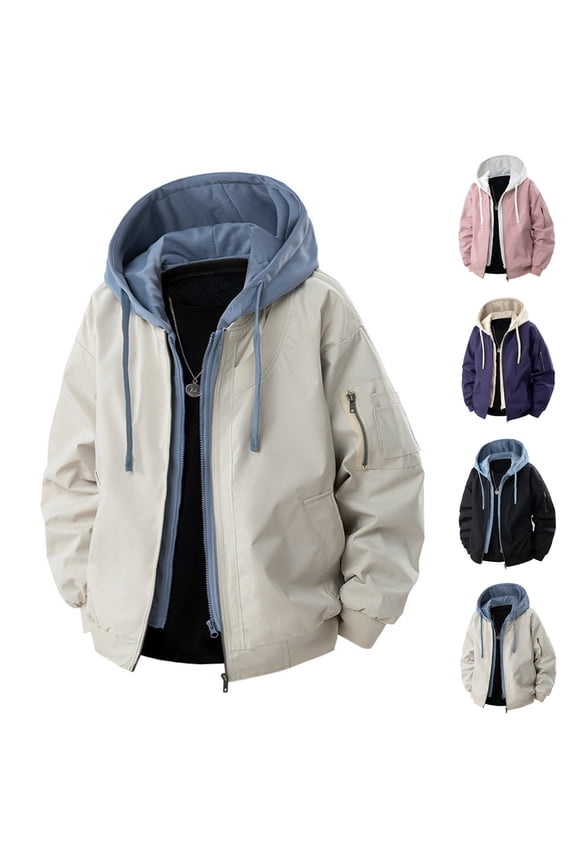 Men's Lightweight Jackets Full Zip Hooded Jacket with Hood & Multi Pocket Fake Two Pieces Windbreaker Color Block Coat,Black,S