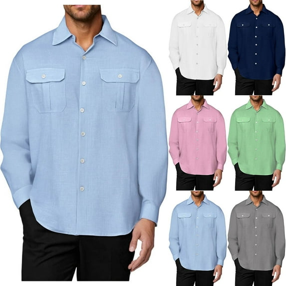 Txeol Men's Long Sleeve Shirts Casual Button Down Lightweight Shirt Cargo Jackets Solid Color Work Tops with 2 Pockets,Pink,XL
