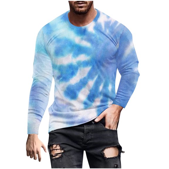 Txeol Men's Long Sleeve Shirts Casual Crewneck Pullover T-Shirt Cotton Basic Tees Fall Tops Fashion Tie Dye Print Blouse,Light Blue,XXL