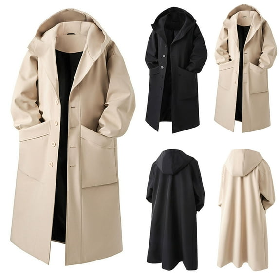 Txeol Men's Mid Long Trench Coat with Hood Casual Single Breasted Lapel Pea Coats Warm Winter Jacket Overcoat with Pockets,Black,L