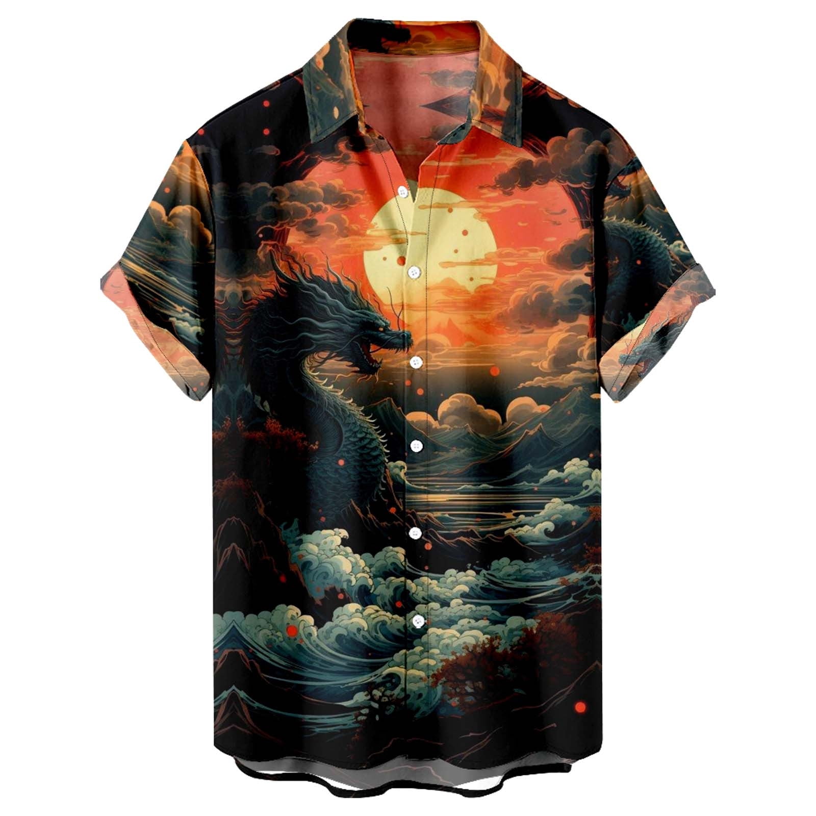 Men's Blue Hawaiian Shirt, Novelty Grenades & Guns Flower Button...