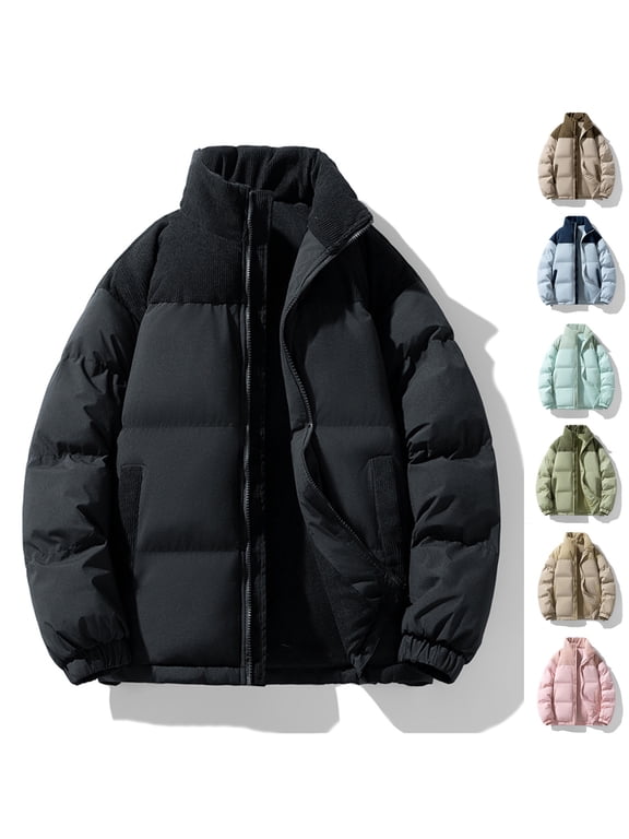 Men's Parka Jackets Winter Warm Patchwork Cotton Padded Coat Stand Collar Zip Up Outdoor Jacket Coats with Pockets,Black,XL