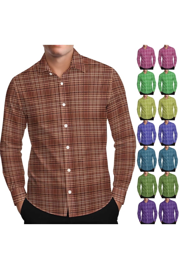 Men's Plaid Long Sleeve Button Down Dress Shirts Slim Fit Business Work Tops Casual Lapel Checkered Shirt,Light Blue,M