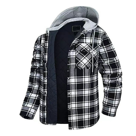 Txeol Men's Quilted Lined Jackets Fall Winter Button Down Long Sleeve Plaid Hooded Shirts Thermal Outdoor Work Coat with Pockets,Black,XXXL
