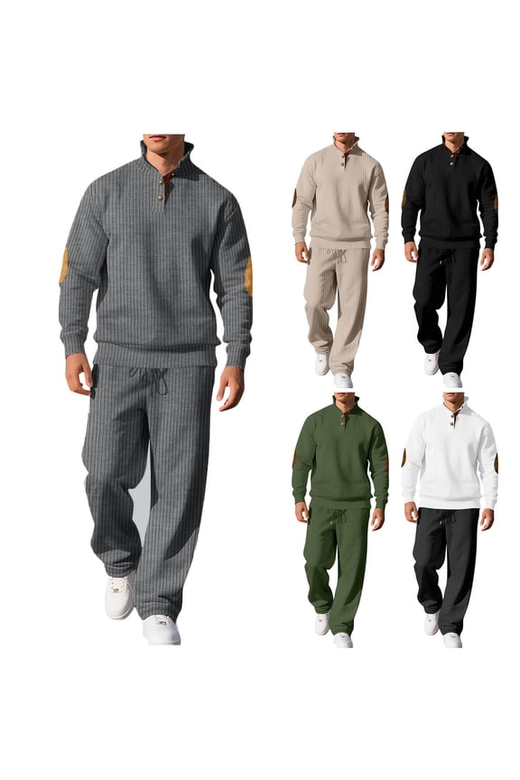 Men's Ribbed Knit Henley Sweatsuit with Elbow Patches 2 Piece Long Sleeve Sweatshirts and Straight Leg Pants Sets Lightweight Outdoor Loungewear Suits,M,Gray