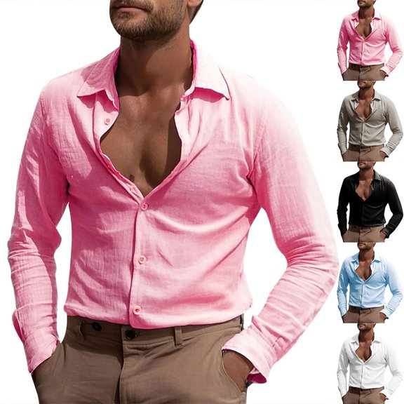 Txeol Men's Slim Fit Long Sleeve Shirts Solid Color Casual Button Down Blouse Holiday Beach Tops Fall Clothes,Pink,XL