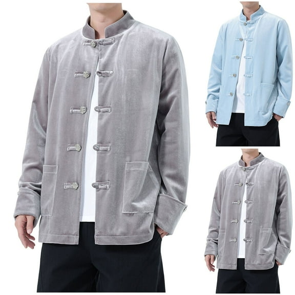 Txeol Men's Stand Collar Velvet Jackets Long Sleeve Lightweight Shirts Frog-Button Tang Suit with Pockets 2025,Gray,XXL
