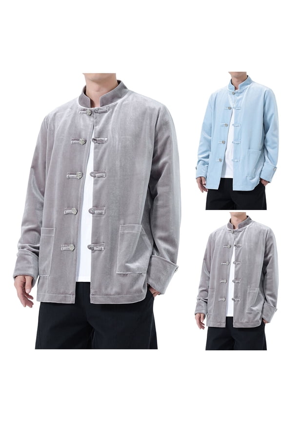 Men's Stand Collar Velvet Jackets Long Sleeve Lightweight Shirts Frog-Button Tang Suit with Pockets 2025,Gray,XXXXL