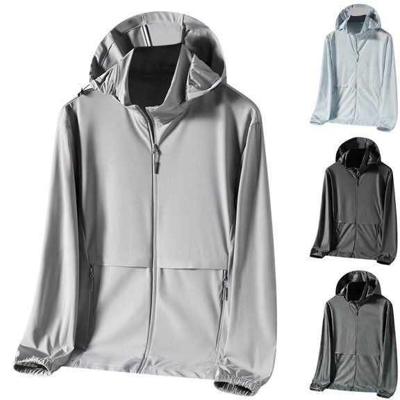 Txeol Men's Sun Protection Hoodies with Zip Pockets Hiking Fishing UPF 50+ UV SPF Sun Shirt Athletic Full Zip Hooded Jacket,Gray,L