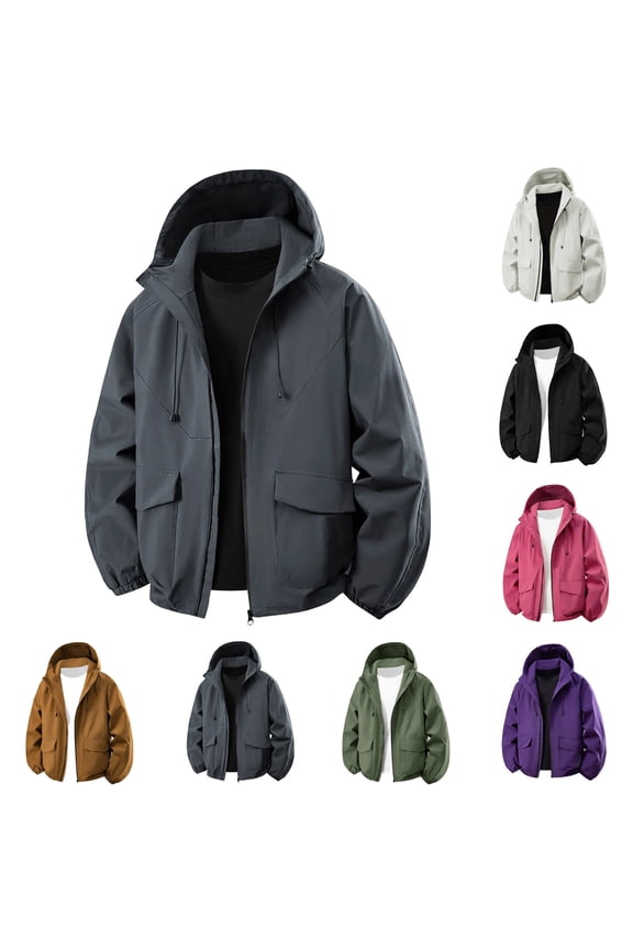 Men's Thin Windproof and Waterproof Hooded Pocket Jacket Lightweight Softshell Outdoor Hiking Windbreak Rain Coats,Black,L