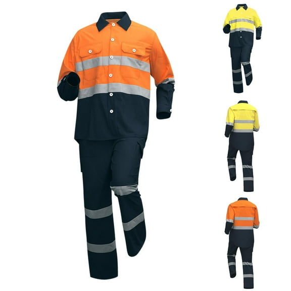 Txeol Men's Two Tone High Visibility Work Outfit Long Sleeve Button Down Shirt and Pants with Reflective Stripe for Outdoor Jobs,M,Yellow