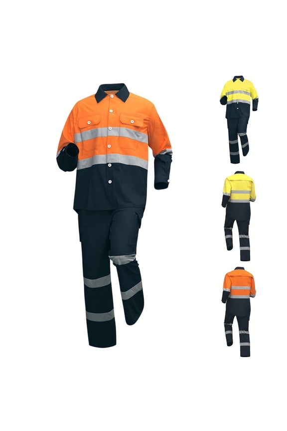 Men's Two Tone High Visibility Work Outfit Long Sleeve Button Down Shirt and Pants with Reflective Stripe for Outdoor Jobs Orange S