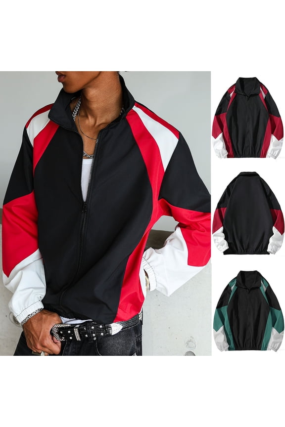 Men's Varsity Jacket Zipper Color Block Windbreaker Jackets Long Sleeve Coats Streetwear 2025,Green,XL