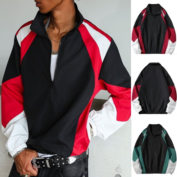 Txeol Men's Varsity Jacket Zipper Color Block Windbreaker Jackets Long Sleeve Coats Streetwear 2025,Green,XXL