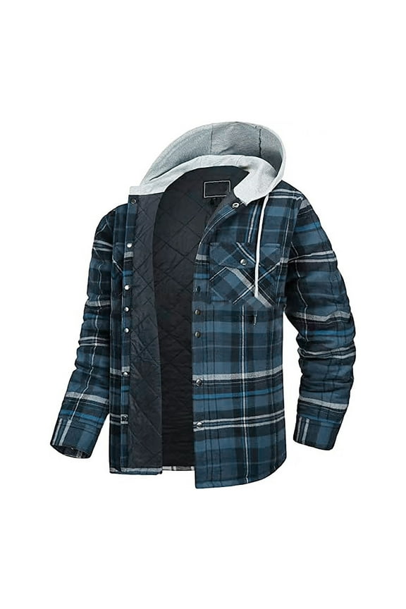 Men's Warm Quilted Lined Shacket Jacket Fashion Plaid Long Sleeve Plaid Shirt Casual Button Down Hoodies with Chest Pockets,Navy M