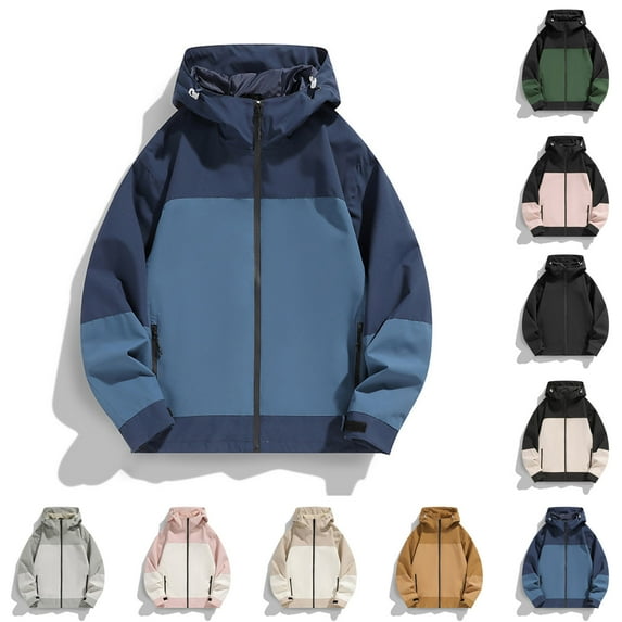 Txeol Men's Windbreaker Jacket Color Block Lightweight Waterproof Hooded Coat Outdoor Softshell Zip Up Casual Streetwear,Dark Blue,XXXL