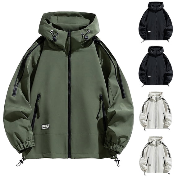Txeol Men's Windbreaker Jackets Big and Tall Full Zip Long Sleeve Hooded Jacket Workwear Cargo Coat with Pockets,Black,XXXL