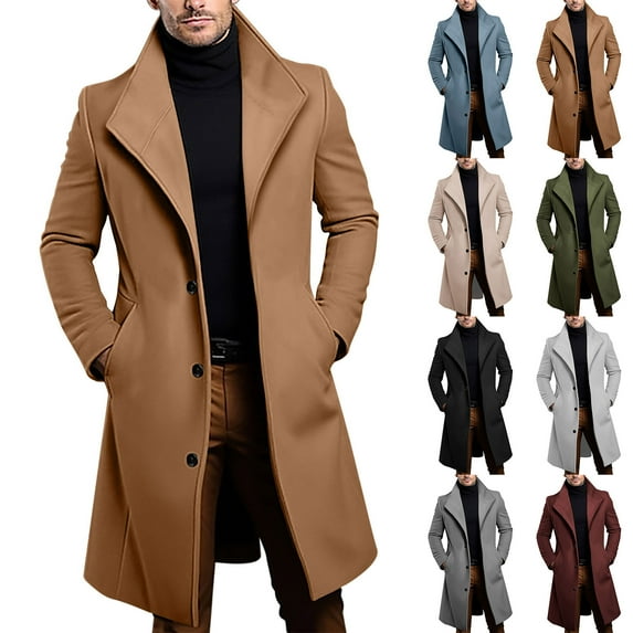 Txeol Men's Winter Single Breasted Wool Coat Business Casual Notch Collar Mid Long Winter Peacoats with Pockets,Khaki,M
