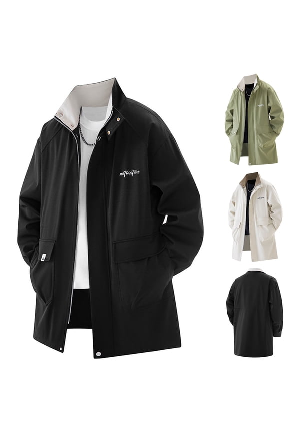 Men's Zip Up Long Windbreaker Lightweight Mid-Length Casual Jacket with Pockets Stand Collar Trench Coat Streetwear,Green,XXXXL