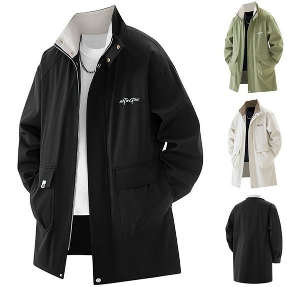 Txeol Men's Zip Up Long Windbreaker Lightweight Mid-Length Casual Jacket with Pockets Stand Collar Trench Coat Streetwear,Green,XXXXL