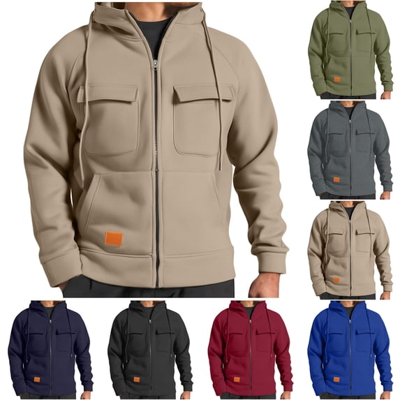 Txeol Men's Zip Up Sweatshirt Jacket Big and Tall Workout Cargo Hoodies with Pockets Lightweight Casual Outdoor Athletic Hoodie Jackets,M Khaki