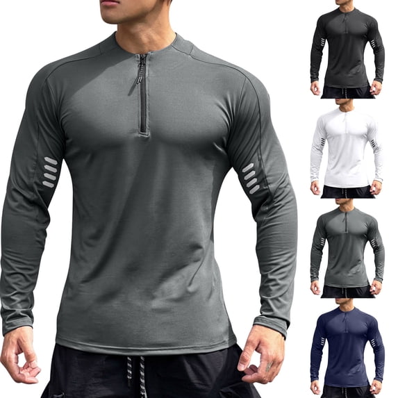 Txeol Men's Zipper Round Neck Long Sleeve Shirts LightweightMoisture Wicking Workout T-Shirt Athletic Cycling Running Tops,Black,XXXL