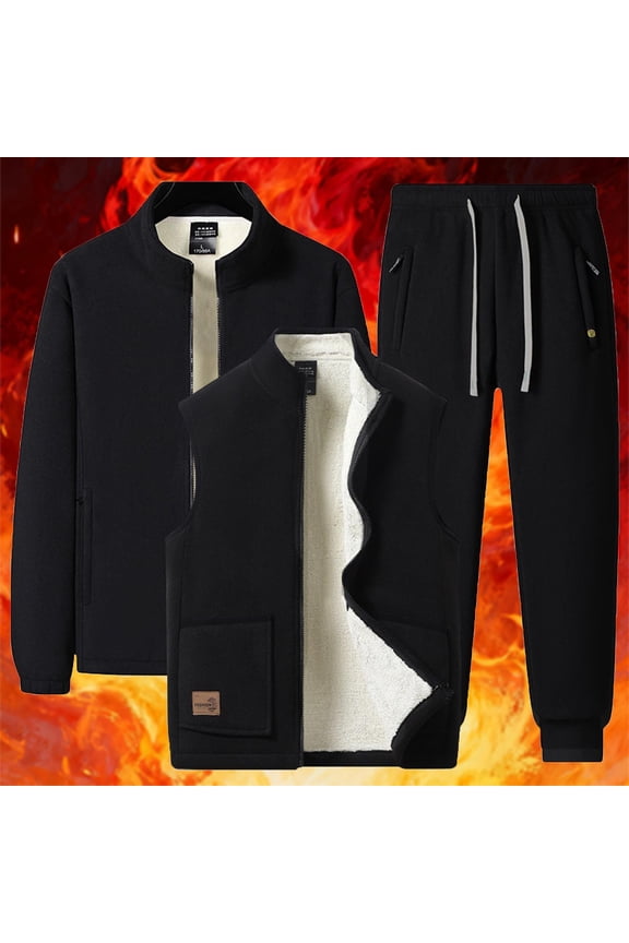 Mens 3 Piece Sweatsuits Sets Sherpa Fleece Lined Thermal Track Suits Casual Thicken Jacket&Vest&Pants Sportswear Warm Cozy Jogging Suit L,Black