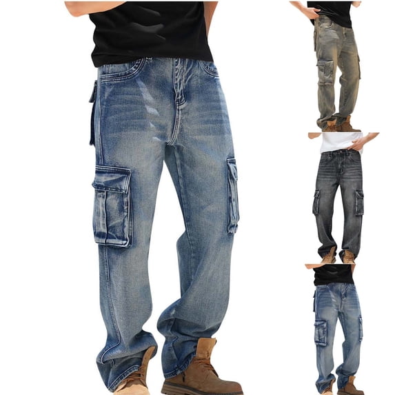 Txeol Mens Baggy Cargo Jeans Loose Fit Straight Leg Denim Workwear Pants with Pockets Casual Y2K Streewear 2025-Khaki,38