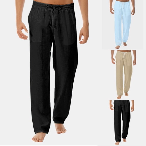 Txeol Mens Big and Tall Linen Pants Elastic Waist Drawstring Trousers with Pockets Casual Loose Yoga Beach Pants,Khaki,XXXL