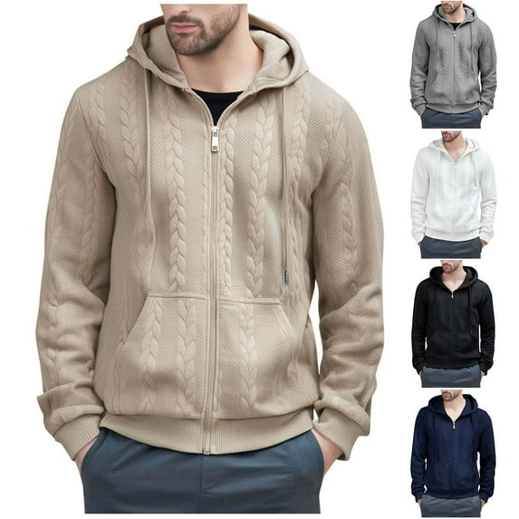 Txeol Mens Cable Knit Zip Up Hoodie Long Sleeve Solid Color Drawstring Jackets Lightweight Outdoor Sweatshirts with Pockets,White,XL
