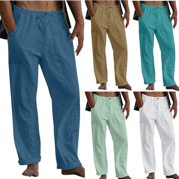 Txeol Mens Casual Linen Pants Elastic Waist Straight-Leg Yoga Beach Long Pants with Pockets,Sky Blue,L