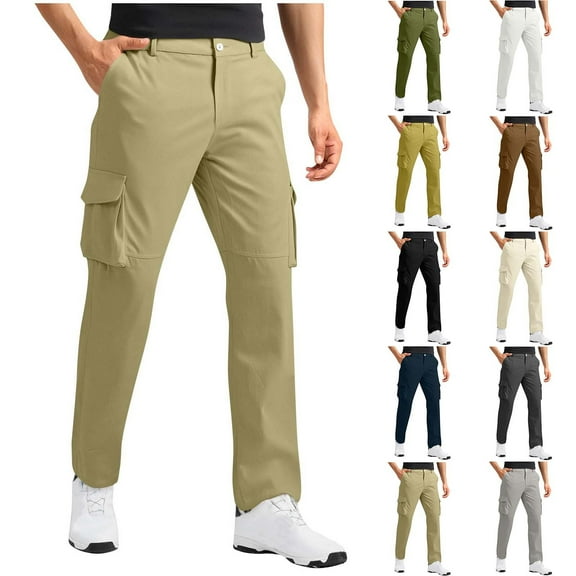 Txeol Mens Chino Golf Pants Solid Color Business Casual Cargo Pant Button Flat Front Work Trousers with Multi Pockets Yellow,M