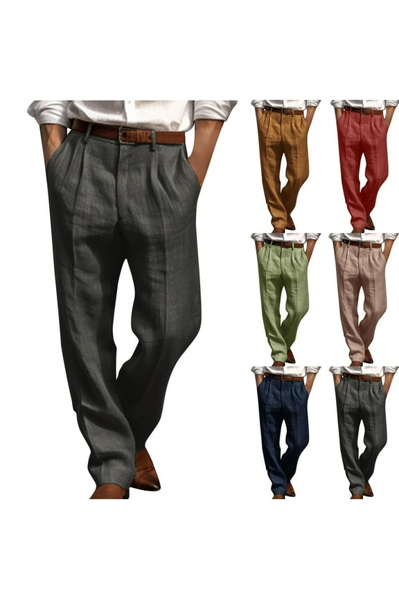 Mens Cotton Linen Pants Pleated Front Straight Leg Dress Slacks Business Casual Suit Pants with Pockets-Wine,S