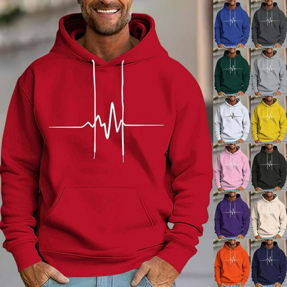 Txeol Mens Drawstring Hoodies Heartbeat Print Long Sleeve Pullover Casual Lightweight Hooded Sweatshirts,Yellow,XL