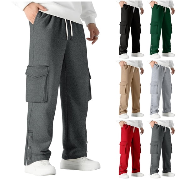Txeol Mens Fleece Cargo Sweatpants Wide Leg Elastic Waist Pants with Pockets Trendy Bottom Side Slit Streetewear,Green S