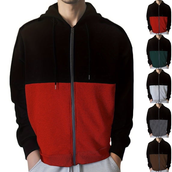 Txeol Mens Fleece Lined Hooded Jackets Colorblock Lightweight Long Sleeve Sweatshirts Fall Casual Drawstring Hoodie,M Gray