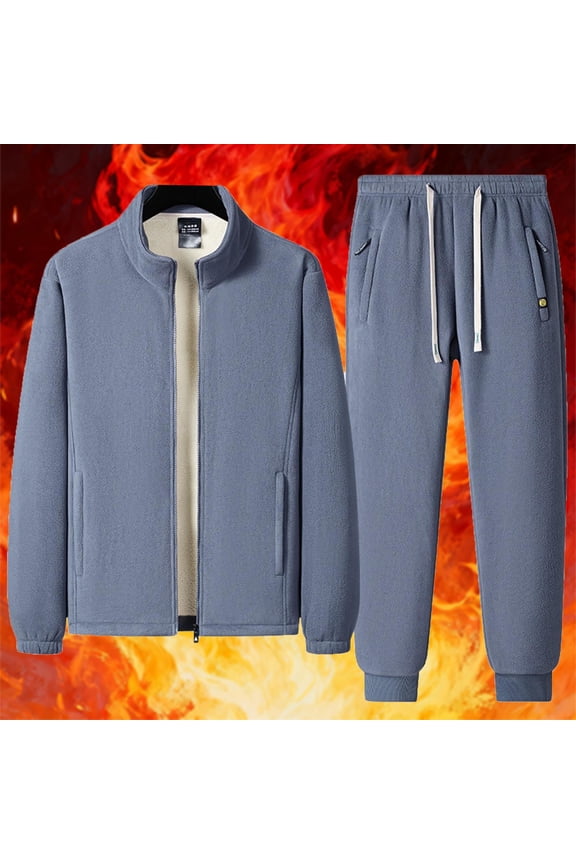 Mens Fleece Lined Thermal Set 2 Piece Sherpa Zip Up Jackets Matching Drawstring Pants Sets Winter Outdoor Athletic Sweatsuits L,Blue