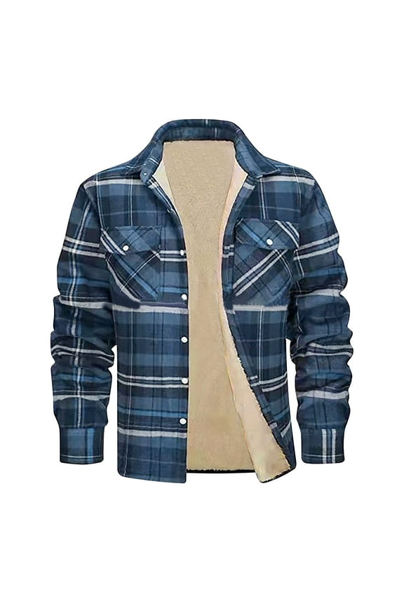 Mens Fleece Lined Winter Jacket Long Sleeve Button Down Plaid Shackets Warm Thickened Outwear with Chest Pocket Navy S