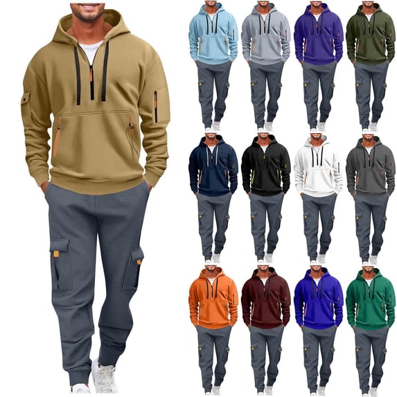 Txeol Mens Fleece Track Suits 2 Piece Set Quarter Zip Drawstring Hoodies and Cargo Sweatpants with Pockets Casual Outdoor Athletic Sets,M,Purple