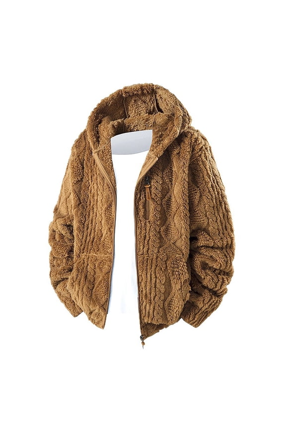 Mens Fluffy Fuzzy Jacket,Plush Fleece Casual Winter Fall Hooded Coats Zip Up Thick Warm Outdoor Jackets with Pockets,Brown,XL