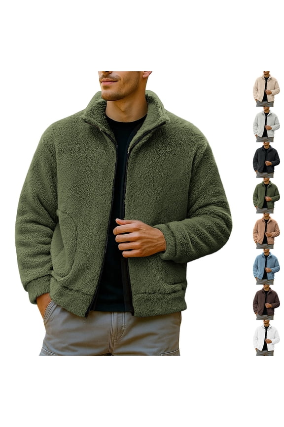 Mens Fuzzy Sherpa Jacket Long Sleeve Zip Up Coat Fall Winter Fleece Fluffy Warm Jackets with Pockets,Black,M